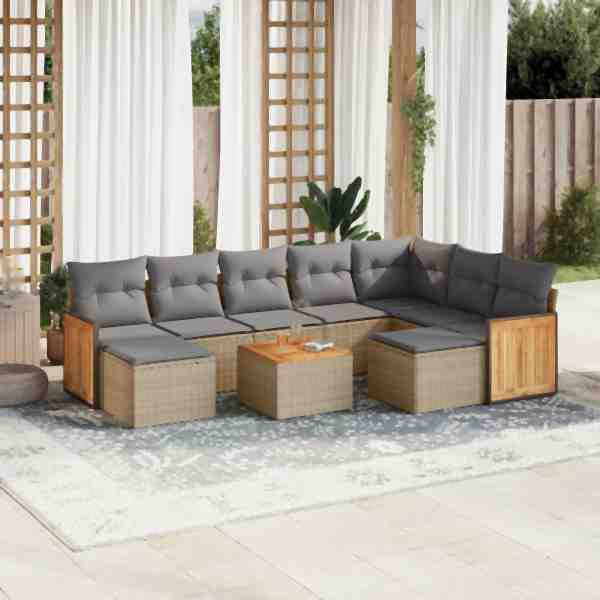 vidaXL 10-tlg. Garten-Sofagarnitur mit Kissen Beige Poly Rattan, UV-beständig, 3228229