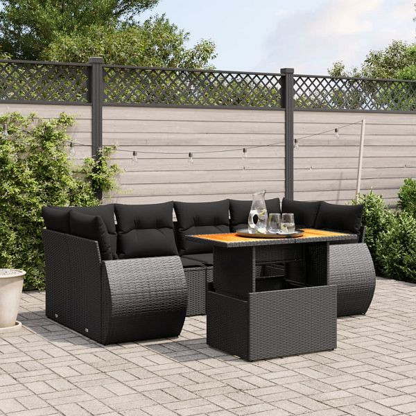 vidaXL 7-teilig Garten-Sofagarnitur mit Kissen Schwarz Poly Rattan, 3272091