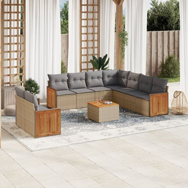 vidaXL 10-tlg. Garten-Sofagarnitur mit Kissen Beige Poly Rattan, 3227788