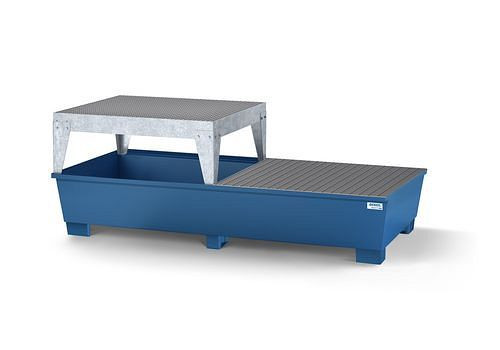 DENIOS Auffangwanne classic-line für 2 IBC, blau lackiert, Abfüllbock und Gitterrost, 273869