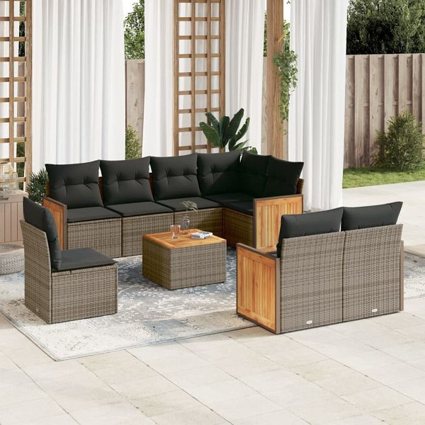 vidaXL 9-teilig Garten-Sofagarnitur mit Kissen Grau Poly Rattan, 3227852
