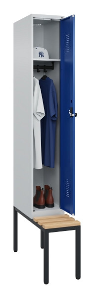 C+P Spind Evolo PLUS, 1 Abteile, 2120x300x815mm, 7035/5010, Haken 3, Drehriegel, Sitzfläche Buche-Hartholz, Sitzbank, 0490507-10 S10006