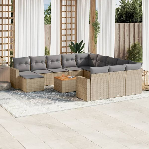 vidaXL 13-teilig Garten-Sofagarnitur mit Kissen Beige Poly Rattan, 3224428