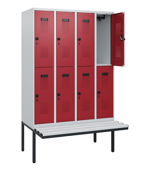 C+P Doppelstock-Spind Evolo PLUS, Bank, 8 Fächer, 1950x1200x815mm, 7035/3003, Drehriegel, Sitzfläche Kunststoff, 0493405-40 S10089