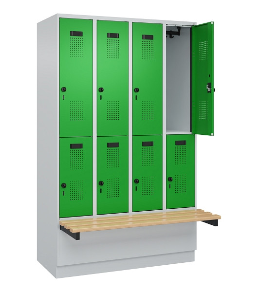 C+P Doppelstock-Spind Evolo PLUS, Bank, 8 Fächer, 1950x1200x815mm, 7035/6037, Drehriegel, Sitzfläche Buche-Hartholz, mit Sockel, 049340-40 S10011