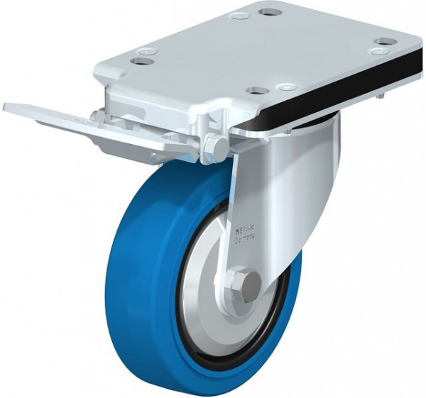 Blickle LK-POEV 125XR-3-IS-SB-FA Stahlblech-Lenkrolle, mittelschwere Ausführung, mit Anschraubplatte & Feststeller, Elastik-Vollgummi, Blau, 851128