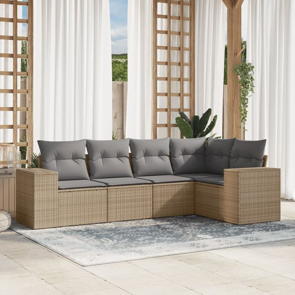 vidaXL 5-teilig Garten-Sofagarnitur mit Kissen Beige Poly Rattan, 3254866