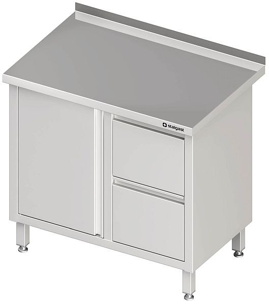 Stalgast Arbeitsschrank mit Flügeltür, 800x700x850 mm, mit 2er Schubladenblock links, ohne Aufkantung, verschweißt, VAS08703L