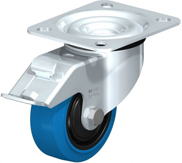 Blickle LE-POEV 80KD-FI-SB Stahlblech-Lenkrolle mit Anschraubplatte & Feststeller, Elastik-Vollgummi, Blau, 850078