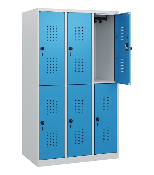 C+P Doppelstöckiger Spind Evolo PLUS, 6 Fächer, 1530x900x500mm, 7035/5012, Drehriegel, 0493005-30 S10007