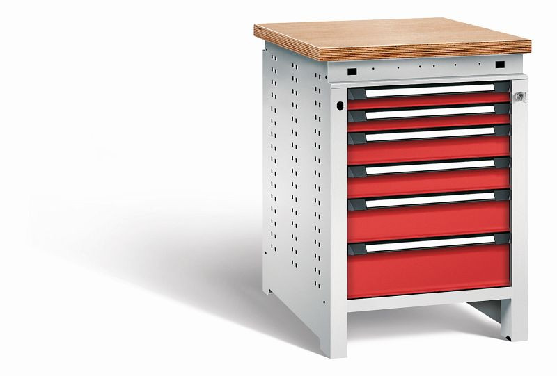 Otto Kind Werkbank Serie function Typ 110, Multiplexplatte, bündig, 6 Schubladen, mit Zentralverschluss, Gehäuse RAL 7035, Front RAL 3000, 072327134