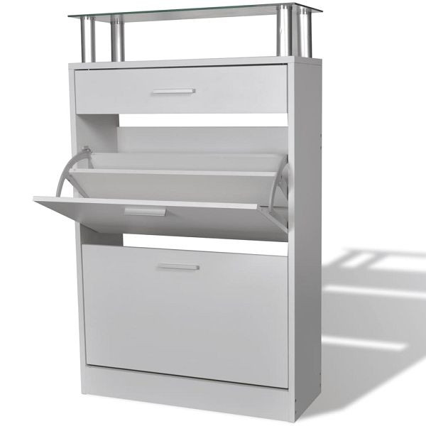 vidaXL Schuhschrank mit Schubfach und oberem Glasregal Holz Weiß, 241244