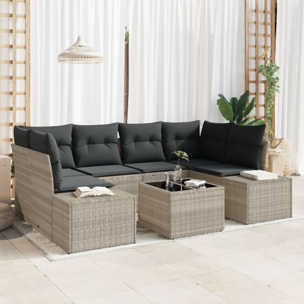 vidaXL 7-teiliges Garten-Sofa-Set mit Kissen Hellgrau Poly-Rattan, 3355631