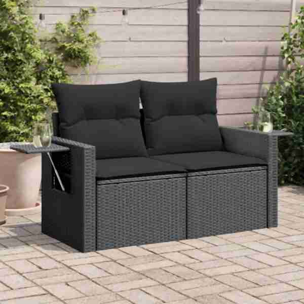 vidaXL Gartensofa mit Kissen 2-Sitzer Schwarz Poly Rattan, UV-beständig, 365990