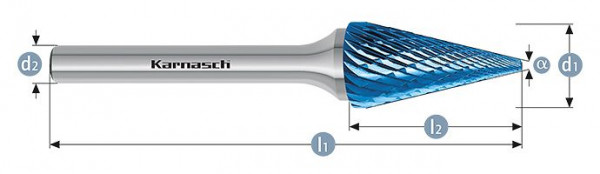 Karnasch Hartmetall-Frässtift Blue-Tec beschichtet SKM/HP-3 d1= 12,0 / l2= 25 / d2= 8 / l1= 70mm, VE: 2 Stück, 115091050