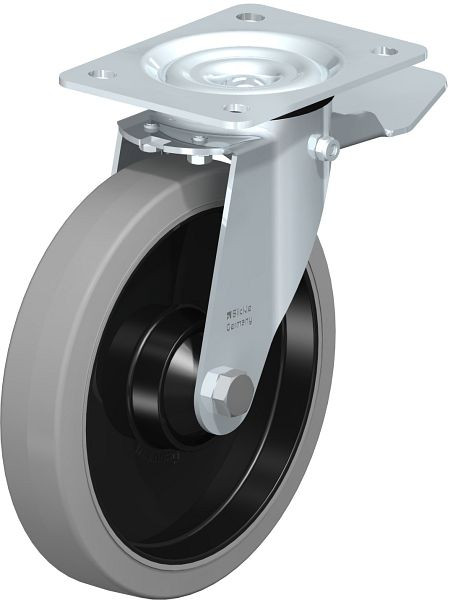 Blickle LE-POEV 201KD-ST-SG Stahlblech-Lenkrolle mit Anschraubplatte & Feststeller, Elastik-Vollgummi, Grau, 850256