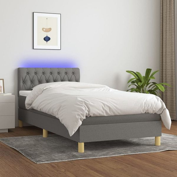 vidaXL Boxspringbett mit Matratze & LED Dunkelgrau 90x200 cm Stoff, 3133926