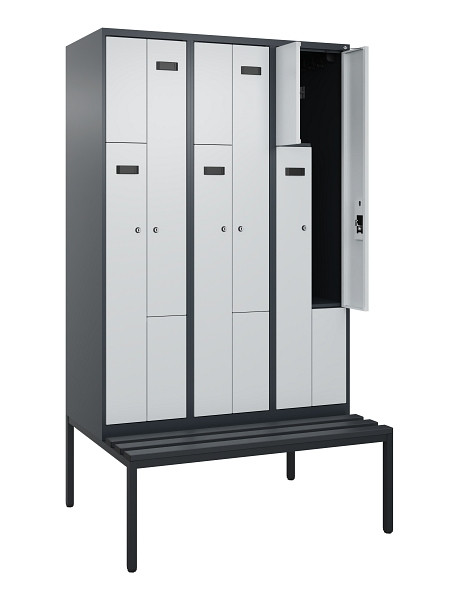 C+P Z-Spind Evolo PLUS, Bank, 6 Fächer, 2120x1200x815mm, 7016/7035, Zylinderschloss, Sitzfläche Kunststoff, Sitzbank, 0490537-326 S10098