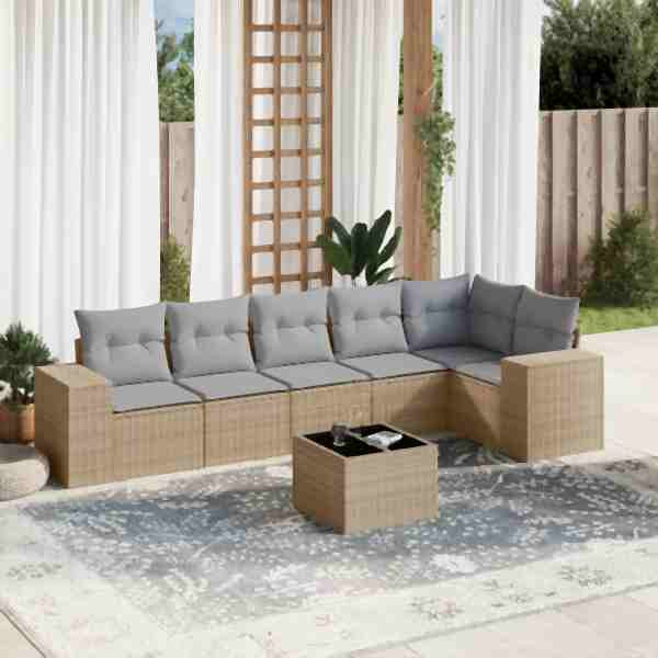 vidaXL 7-tlg. Garten-Sofagarnitur mit Kissen Beige Poly Rattan, UV-beständig, 3222598