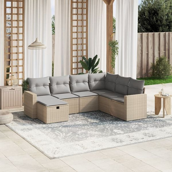 vidaXL 7-teilig Garten-Sofagarnitur mit Kissen Beige Poly Rattan, 3263525