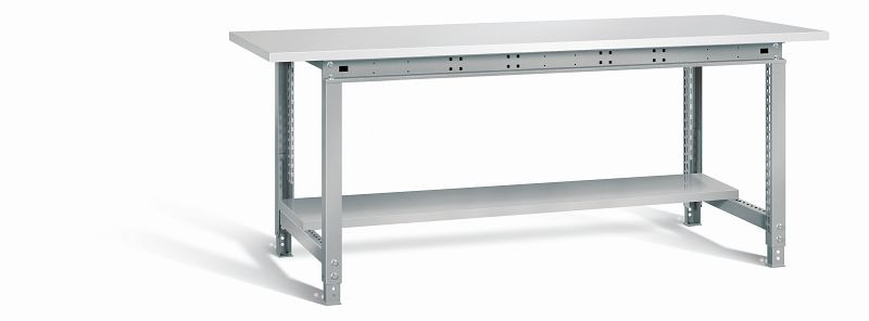Otto Kind Werktisch allrounder, höhenverstellbar, Melamin-Platte 28 mm, überstehend, 2 Fußgestelle, Stahlblechboden, komplett RAL 9006, 072335096