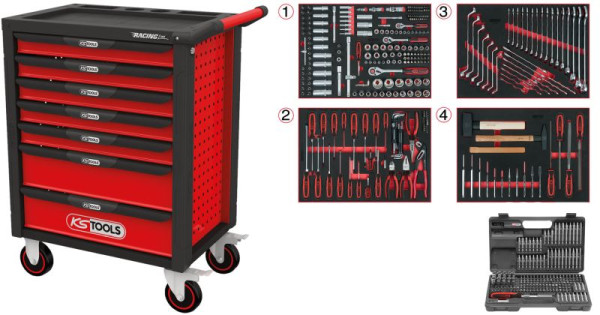 KS Tools RACINGline SCHWARZ/ROT Werkstattwagen mit 7 Schubladen und 515 Premium-Werkzeugen, 826.7515