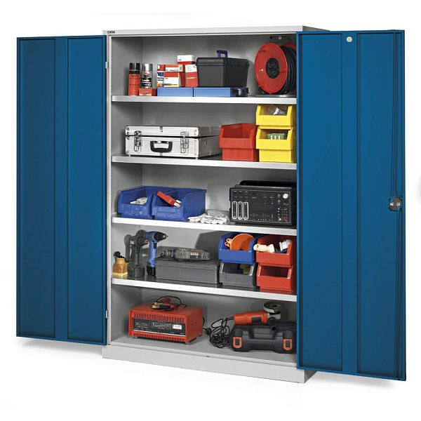 Deskin Materialschrank aus Stahl - XXL-Tiefe 600 mm, Korpus Lichtgrau RAL7035, Türen Enzianblau RAL5010, B 1200 x H 1950 x T 600 mm, 284586