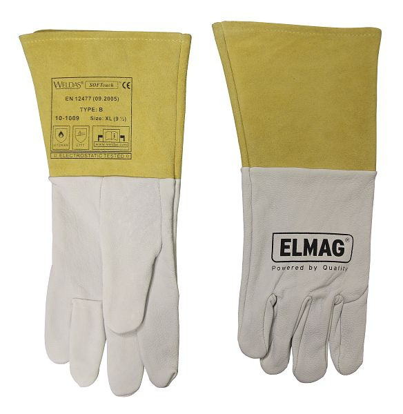 ELMAG 5-Finger-Schweißerhandschuhe WELDAS 10-1009 M, WIG/TIG aus Ziegen-Vollleder mit Rind-Spaltleder Stulpe, Länge: 35 cm, Größe 8, 5 (1 Paar), 59150