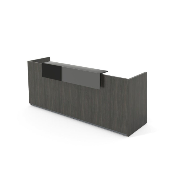 Deskin Theke LIBRA, Eiche dunkel, Aufsatz grau glänzend, B 2600 x T 950 x H 1100 mm, 288085