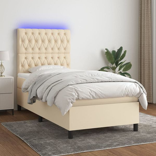 vidaXL Boxspringbett mit Matratze & LED Creme 90x200 cm Stoff, 3135090