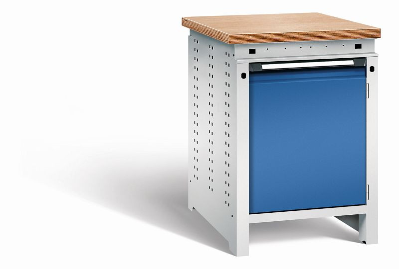 Otto Kind Werkbank Serie function Typ 104, Multiplexplatte 40 mm, bündig, 1Tür 570 mm, 1 Ablageboden, Gehäuse RAL 7035, Front RAL 5010, 072321186