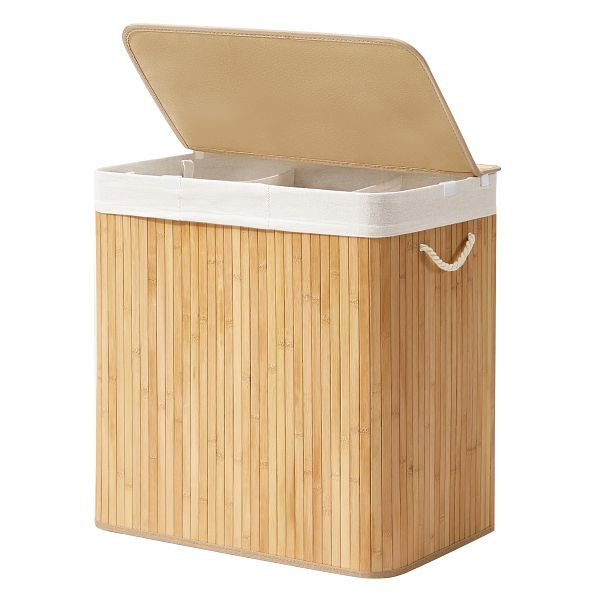 SONGMICS Wäschekorb mit 3 Abschnitten, Clip-Deckel und Griffe, 150L faltbarer Korb, für Waschraum, Schlafzimmer, Bad, Natur, LCB091N01