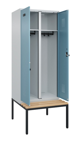 C+P Schwarz-Weiß-Spind Evolo PLUS, Bank, 2 Abteile, 2120x800x815mm, 7035/0010, Drehriegel, Sitzfläche Buche-Hartholz, Sitzbank, 0490527-22 S10009