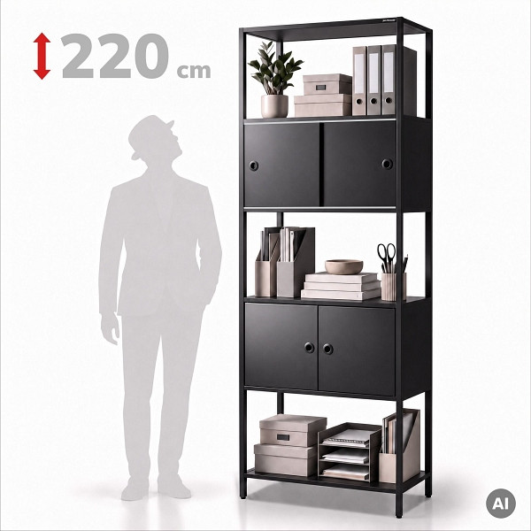 Jan Nowak Ordnerregal mit abschließbarem Schrank, für das Büro, offene Fächer, Metall schwarz, 800x2200x400 mm, ARIEL, 2448