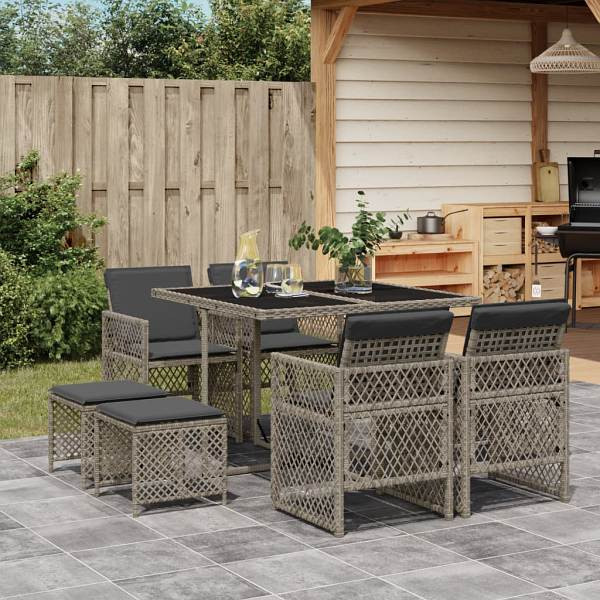 vidaXL 9-tlg. Garten-Essgruppe mit Kissen Grau Poly Rattan, UV-beständig, 3210776