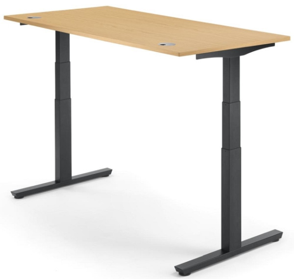 Deskin Sitz-/ Stehschreibtisch MULTI M pro, Buchedekor, B 2000 x T 800 x H 650 - 1250 mm, T-Fuß-Stahlgestell in Schwarz RAL 9005, 288752
