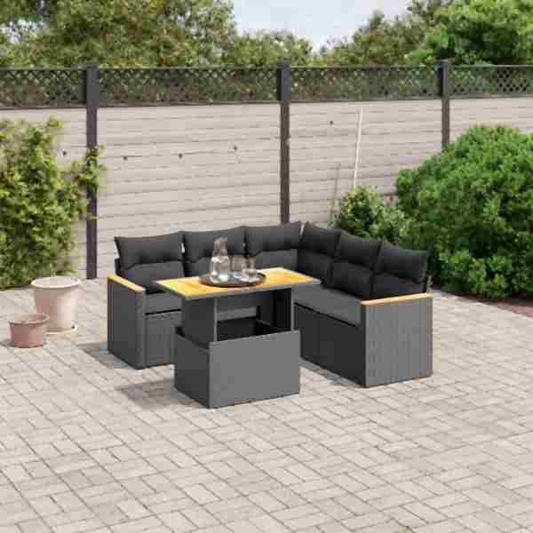 vidaXL 6-tlg. Garten-Sofagarnitur mit Kissen Schwarz Poly Rattan, UV-beständig, 3273071