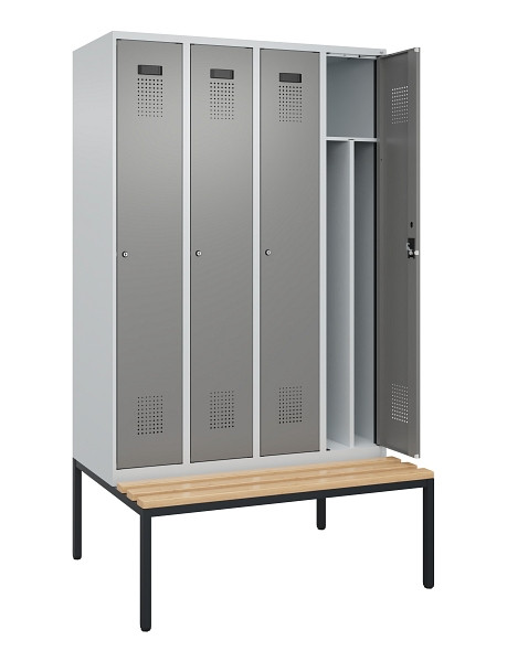 C+P Spind Evolo PLUS, 4 Abteile, 2120x1200x815mm, 7035/0004, Haken 4, Zylinderschloss, Sitzfläche Buche-Hartholz, Sitzbank, 0490507-40F S10041