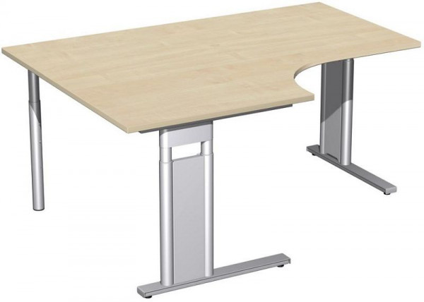 geramöbel PC-Schreibtisch links höhenverstellbar, C Fuß Blende optional, 1600x1200x680-820, Ahorn/Silber, N-647320-AS