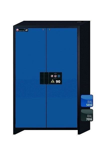 asecos Sicherheitsschrank Q-CLASSIC-90, Q90.195.120.MV in enzianblau RAL 5010 mit 6x Auszugswanne Standard (Edelstahl), 34214-047-33546