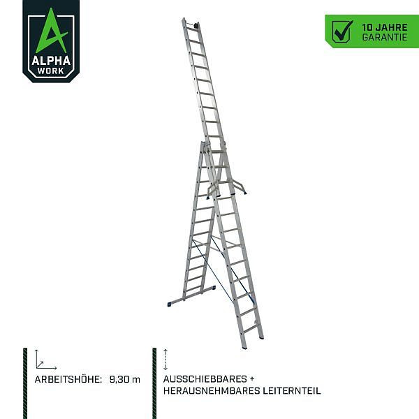 Alpha Work Sprossen-Vielzweckleiter, dreiteilig, Wandlaufrollen 3x12 Sprossen, 80312