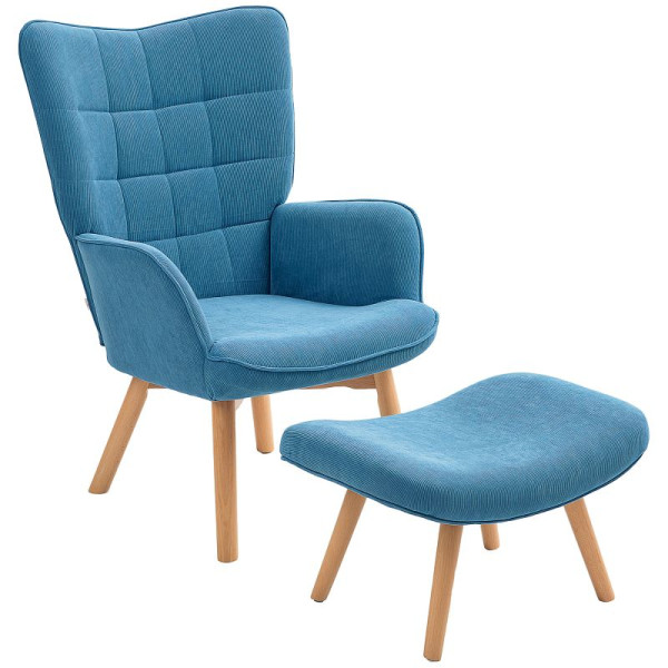 HOMCOM Akzentsessel mit Hocker, Relaxsessel in Cord-Optik, Armlehnstuhl mit Holzbeinen, für Wohnzimmer, Blau, 839-455V00BU