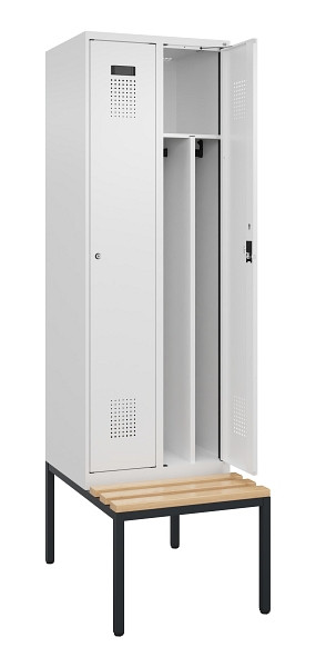 C+P Spind Evolo PLUS, 2 Abteile, 2120x600x815mm, 9016/9016, Zylinderschloss, Sitzfläche Buche-Hartholz, Sitzbank, 0490507-20F S10047