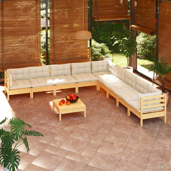 vidaXL 10-tlg. Garten-Lounge-Set mit Creme Kissen Massivholz Kiefer, 3096821