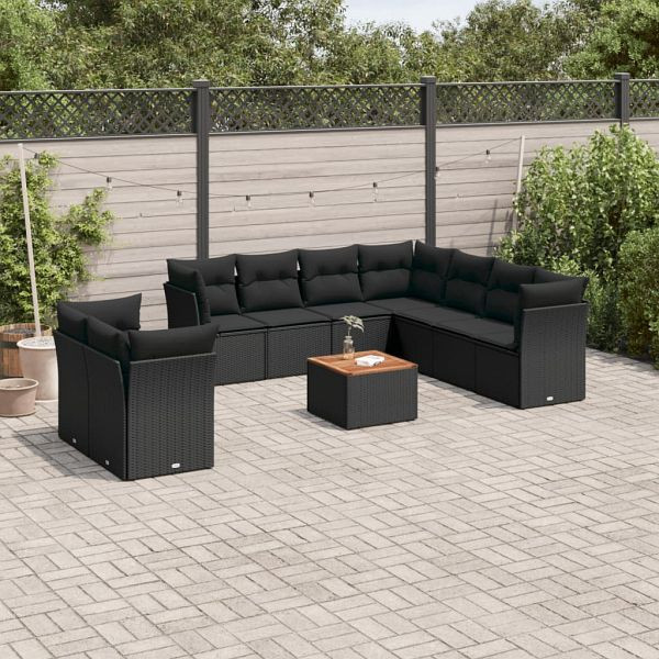 vidaXL 10-tlg. Garten-Sofagarnitur mit Kissen Schwarz Poly Rattan, 3223710