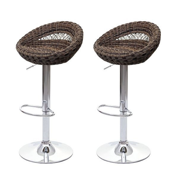 Mendler 2er-Set Barhocker HWC-G26, Tresenhocker Barstuhl Drehhocker, In-/Outdoor Poly-Rattan chrom, 71058