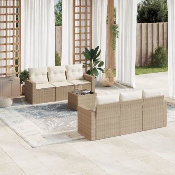 vidaXL 7-tlg. Garten-Sofagarnitur mit Kissen Beige Poly Rattan, 3251045