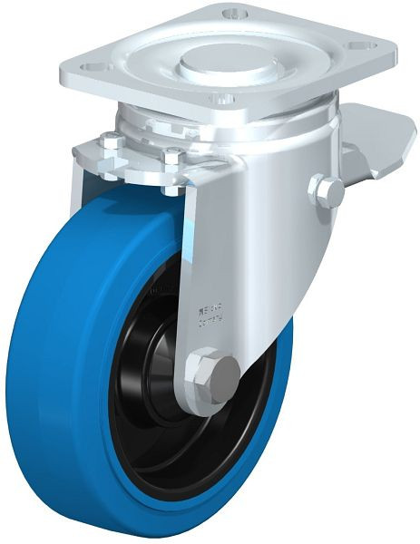 Blickle LH-POEV 125K-1-ST-SB Stahlblech-Lenkrolle, Schwerlast-Ausführung, mit Anschraubplatte & Feststeller, Elastik-Vollgummi, Blau, 750068