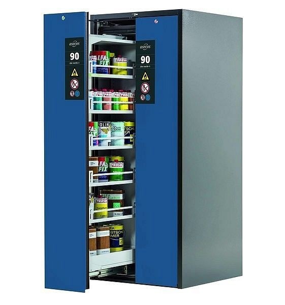 asecos Sicherheitsschrank V-MOVE-90, V90.196.081.VDAC:0013 in enzianblau RAL 5010 mit 5x Fachboden (Stahlblech), 35086-047-35103