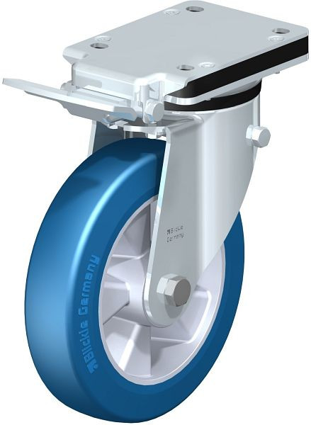Blickle LK-ALBS 200K-IS Stahlblech-Lenkrolle, schwere Ausführung, mit Anschraubplatte & Feststeller, Blickle Besthane® Soft, Blau, 741840